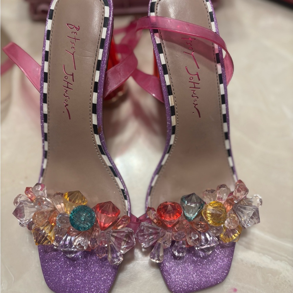 Betsey Johnson Pink and Purple Crystal Strap Heels